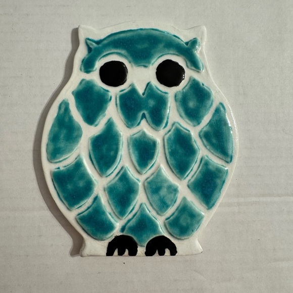 Small Teal Blue Owl Ceramic Plate Decor Handmade - Picture 1 of 3